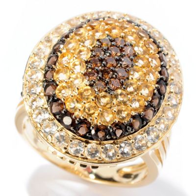 14K YG MOCHA DIAMOND AND CITRINE OVAL RING W/ SMOKY QUARTZ AND WHTIE TOPAZ