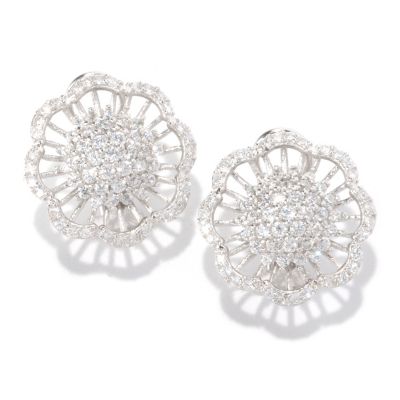 SB SS/PLAT ROUND CUT PAVE FLOWER EARRINGS