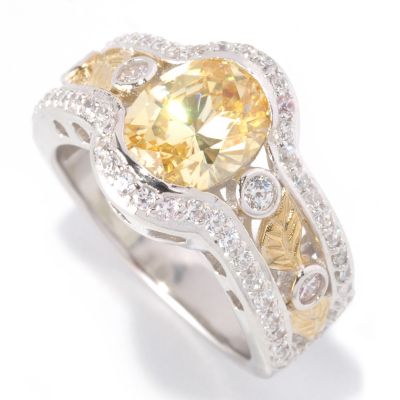 RITANI SS/TWO-TONE ROMANTIQUE CANARY OVAL W/ BEZEL AND LEAF BAND RING