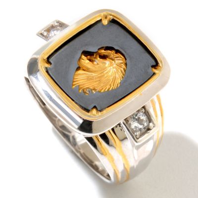 128-649 - Men's en Vogue II 14 x 12mm Hematite, White Topaz & Diamond Lion's Head Ring
