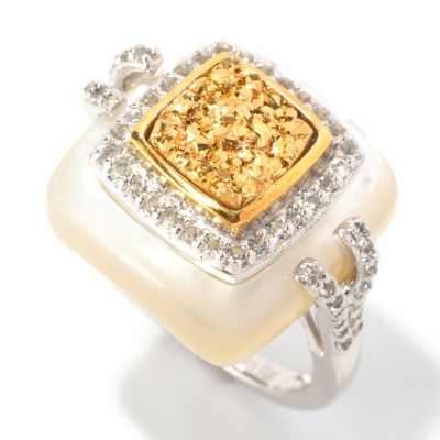 128-661 - Gem Insider Sterling Silver Golden Drusy, White Topaz & Shell Square Ring