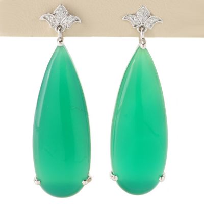 SS/PLAT EAR GREEN ONYX SLICE TEARDROP w/ WHITE ZIRCON