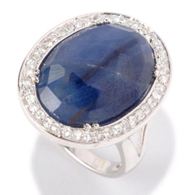 SS/PLAT RING 18x13MM BLUE SAPPHIRE SLICE & WHITE ZIRCON