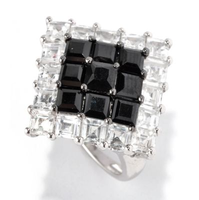 SS/PLAT RING PRINCESS-CUT BLACK SPINEL & WHT ZIRCON DIAMOND-SHAPE