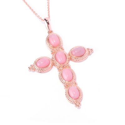 SS/18K ROSE VERMEIL PEND PINK OPAL CROSS w/ 18" CHAIN