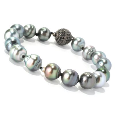 SS 8" 10mm CIRCLE TAHITAN & BLACK SPINEL BEAD CLASP BRACELET
