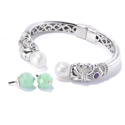 128-691 - Stainless Steel Interchangeable Decorative Bead Hinged Cuff Bracelet