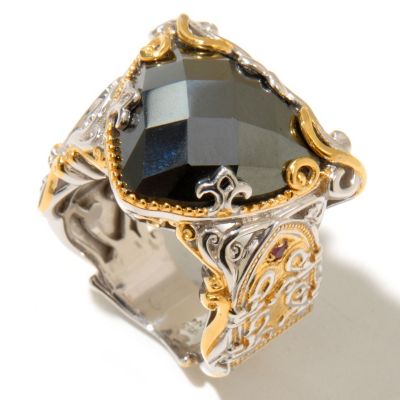 128-693 - Gems en Vogue II 16mm Trillion Hematite & Ruby Ring 