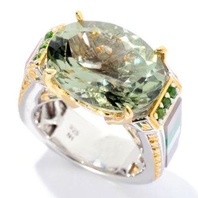 SS/PALL RING PRASIOLITE w/ CHROME DIOP & GEM INLAY