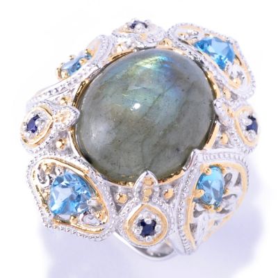 128-708 - Gems en Vogue II 14 x 12mm Labradorite & Multi Gemstone Ring 