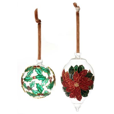 128-718 - Set of Two Cloisonne-Style Enamel Hand Painted Glass Ball Ornaments