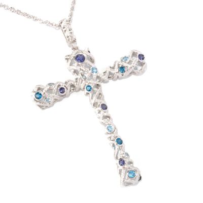128-743 - Michelle Albala Multi Gemstone Brushed Cross Pendant w/ 20'' Chain