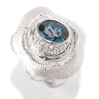 SS/P RING LONDON BLUE TOPAZ & WHT SAPH BRUSHED FLOWER WAVE