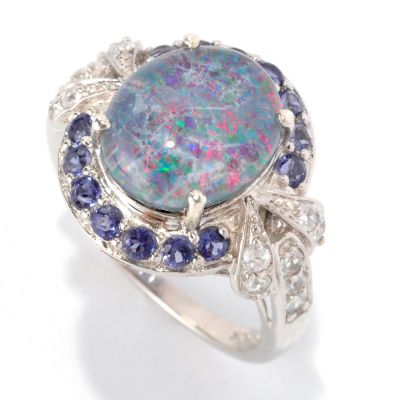 128-774 - NYC II 12 x 10mm Boulder Opal Triplet, Iolite & White Zircon Halo Ring 