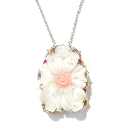 128-775 - Gems en Vogue II 30 x 22mm Carved Mother-of-Pearl, Conch Shell & Pink Sapphire Pendant 