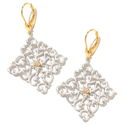 SS/P TWO-TONE EAR WHITE SAPH SATIN-FINISH FILIGREE DIAMOND-SHAPED DROP