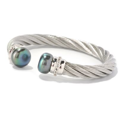 128-814 - Stainless Steel 7" 12-13mm Freshwater Cultured Pearl & Topaz Bracelet