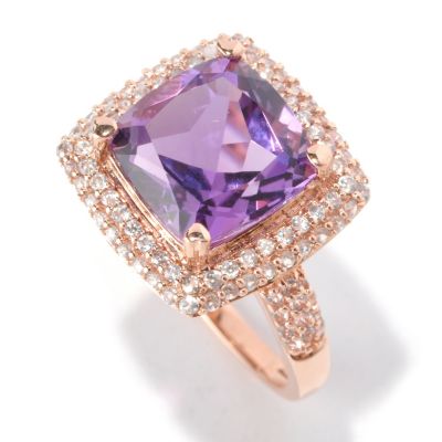 14K RG CUSHION CUT AFRICAN AMETHYST WITH WHITE ZIRCON ACCENT RING