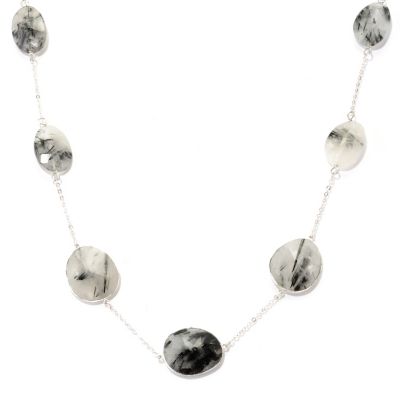 128-818 - Gem Treasures Sterling Silver 24" Black & Grey Rutilated Quartz Station Necklace