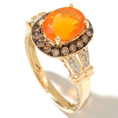 14K YG OVAL FIRE OPAL WITH CHAMP DIAMOND RING