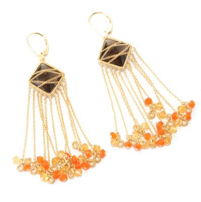 KA - SS/18KGP EAR WIRE-WRAPPED DIAMOND-SHAPED GEM & BEADED FRINGE