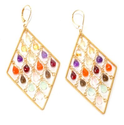 KA - SS/18KGP MULTI GEMSTONE BRIOLETTTE WIRE-WRAPPED DIAMOND-SHAPED DROP