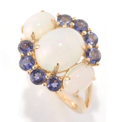 14K YG 3 STONE ETHEOPIAN OPAL WITH IOLITE ACCENT RING