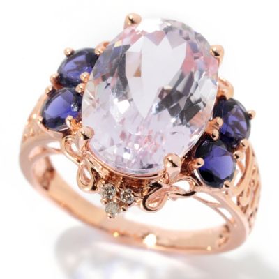 128-877 - Gem Treasures 14K Rose Gold 6.47ctw Oval Kunzite, Iolite & Diamond Ring