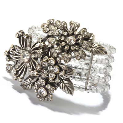 128-918 - Sweet Romance&trade; Silver-tone Beaded Crystal Corsage Flower Stretch Bracelet 