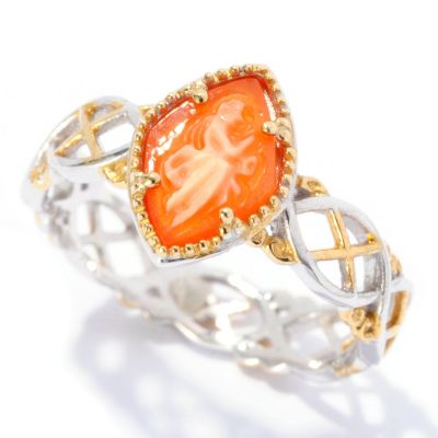 SS/PALL RING CARVED ORANCE SHELL CAMEO STACK