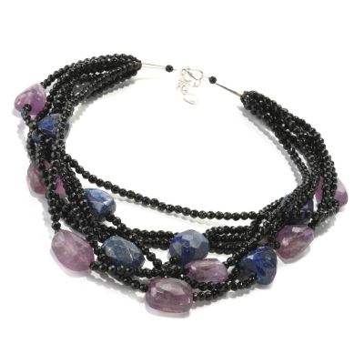 128-951 - Gem Treasures Sterling Silver 18'' Agate, Lapis & Amethyst Multi Strand Necklace