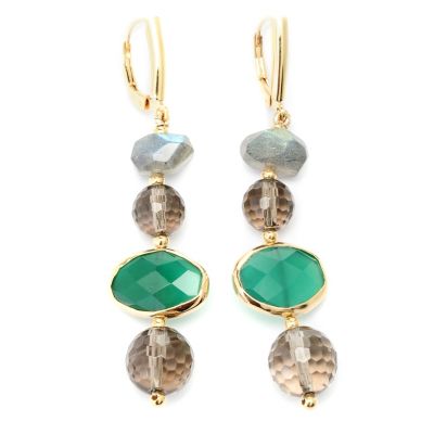 EG - SS/18KGP EAR LABRADORITE, GREEN ONYX & SMOKY QTZ