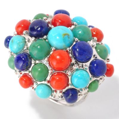SS PAVE TURQ, CORAL & LAPIS RING