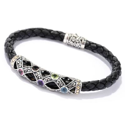 SS/18K MULTI GEM CENTER LEATHER BRACELET