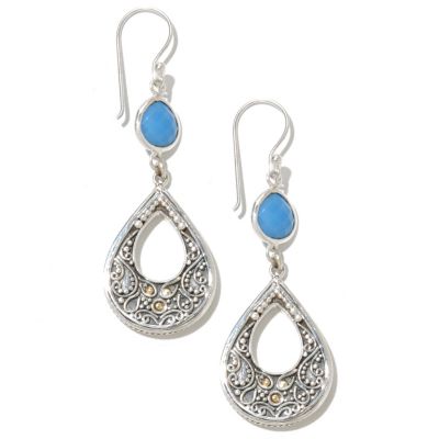 SS/18K TEARDROP SHAPE BLUE CHALCEDONY EARRINGS W/DANGLES