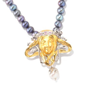 128-996 - Gems en Vogue II 18'' Gemstone & 5mm Peacock Cultured Pearl Sculpted Goddess Necklace 