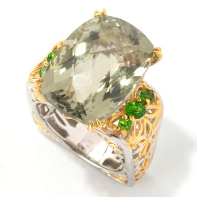 SS/PALL RING PRASIOLITE & CHROME DIOPSIDE SQUARE SHANK