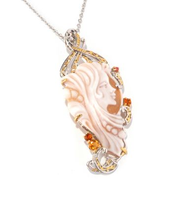 129-007 - Gems en Vogue II 39 x 23mm Hand-Carved Cameo & Multi Citrine Enhancer Pendant w/ Chain
