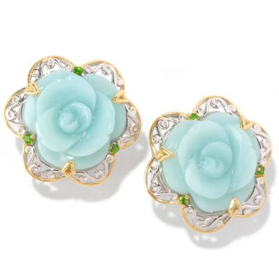 SS/PALL EAR CARVED AMAZONITE & CHROME DIOPSIDE FLOWER BUTTON w/ OMEGA BACK