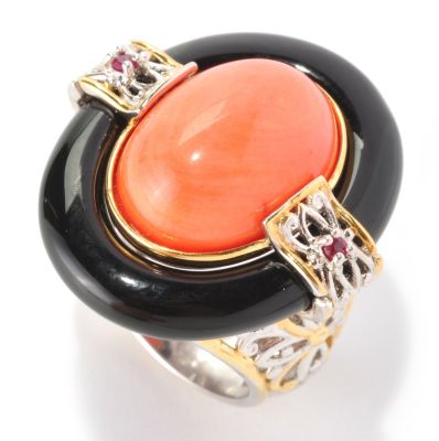 129-010 - Gems en Vogue II 16 x 12mm Bamboo Coral, Black Onyx & Ruby Ring 