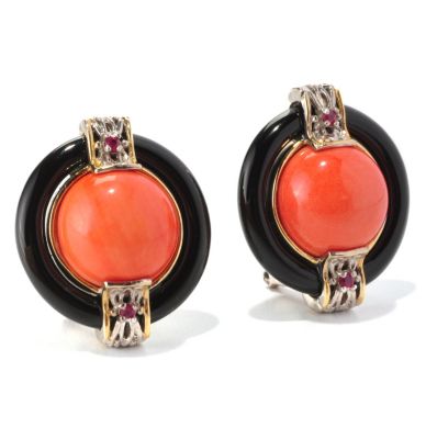 SS/PALL EAR CORAL & BLACK ONYX BUTTON w/ OMEGA BACK