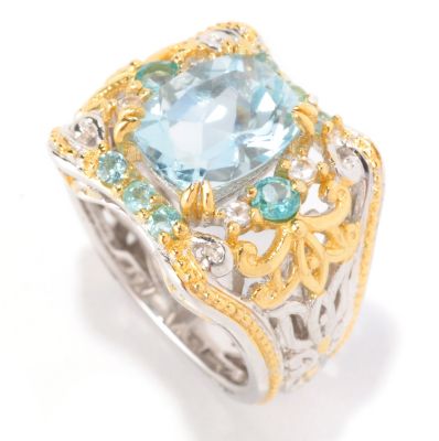 SS/PALL RING 10X8MM CUSHION AQUAMARINE w/ BRAZILIAN APATITE & BLUE SAPH
