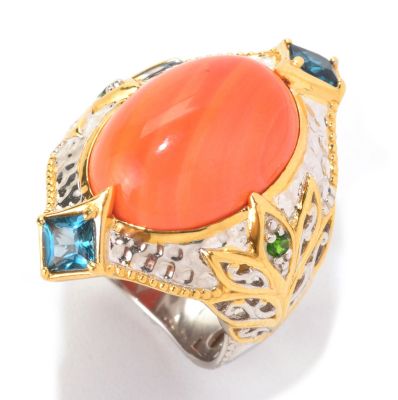 SS/PALL RING CORAL & PRINCESS-CUT LONDON BLUE TOPAZ