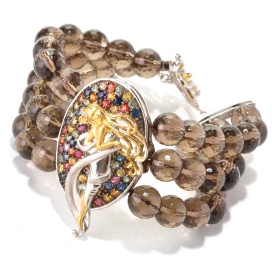 SS/PALL BRAC MULTI SAPPHIRE SCULPTED CENTER 3-ROW BEAD