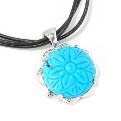129-020 - Gem Insider Sterling Silver 18'' Carved Turquoise Flower Enhancer Pendant