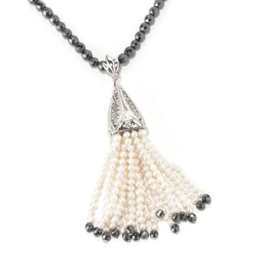 SS MARCASITE PEND W/ PEARL & HEMATITE TASSELS W/ HEMITATE NECKLACE