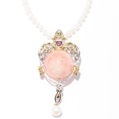 129-034 - Gems en Vogue II Morganite & Multi Gemstone Enhancer Pendant w/ Pearl Strand
