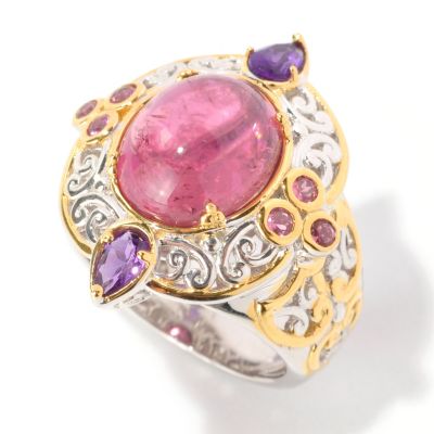 129-035 - Gems en Vogue II 12 x 10mm Pink Tourmaline Cabochon & Amethyst Ring 