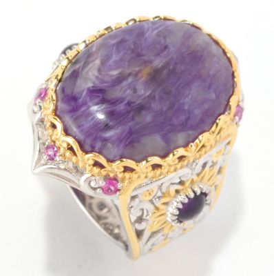 129-037 - Gems en Vogue II 20 x 15mm Charoite, Amethyst & Pink Sapphire Polished Ring 