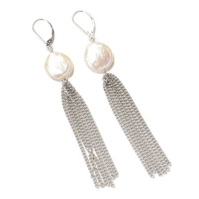 SS 14-16mm WHITE KESHI & CHAIN TASSSLE EARRINGS